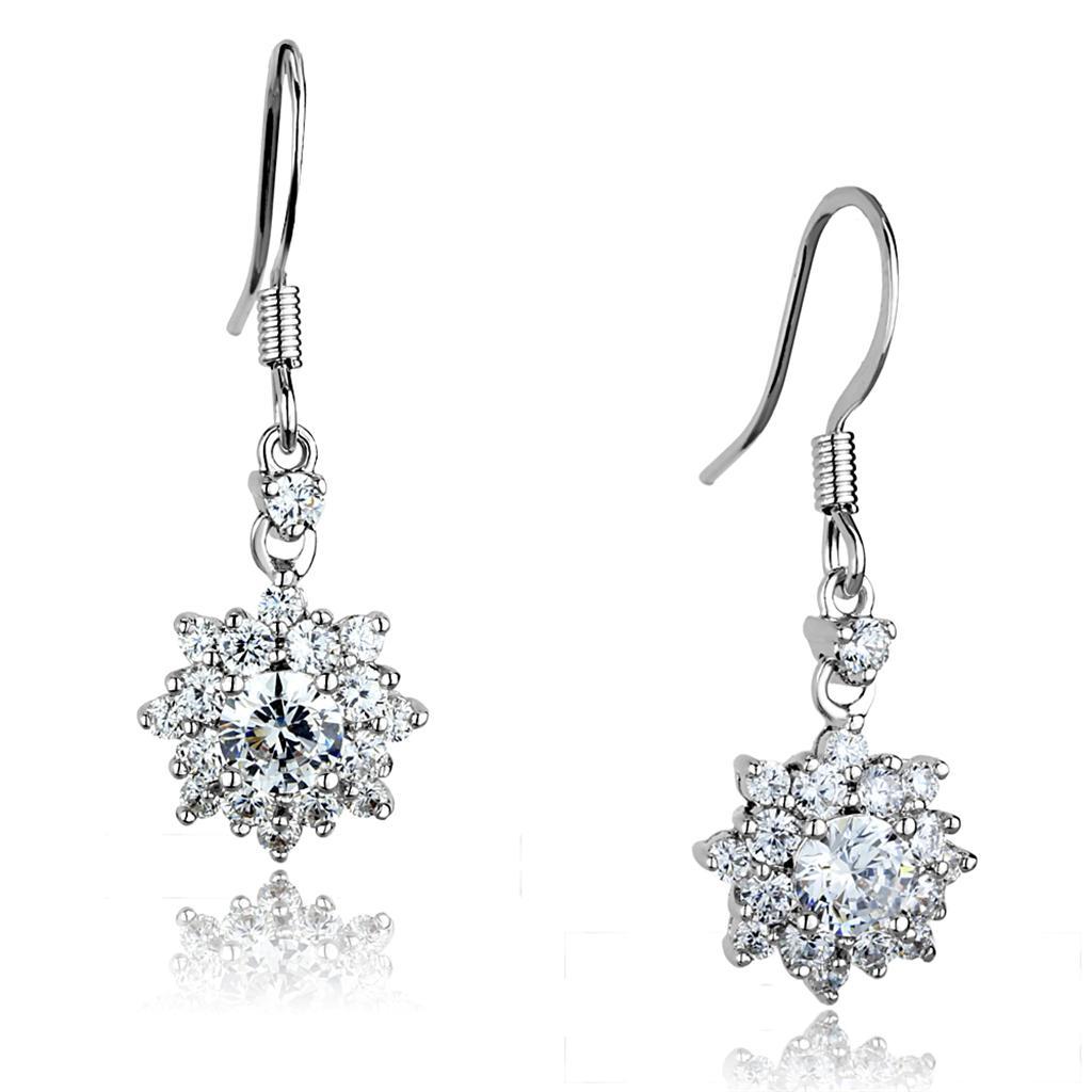 JCE1054 Rhodium Brass Earrings with AAA Grade CZ  in Clear
