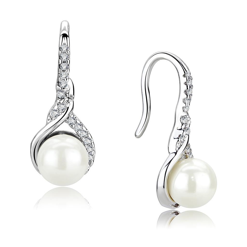 JCE1478 Rhodium Brass Earrings with Synthetic Pearl in White