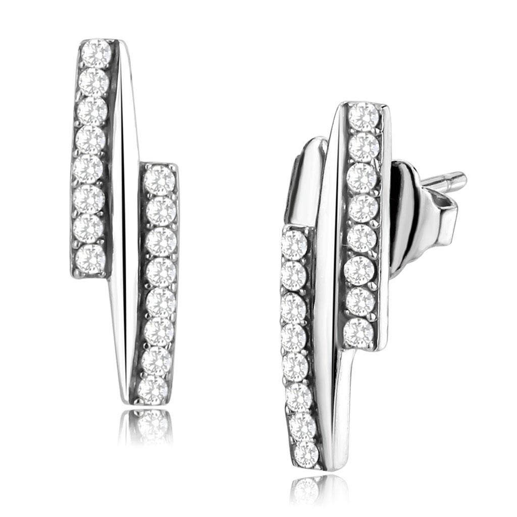 JCE369 High polished (no plating) Stainless Steel Earrings with AAA Grade CZ  in Clear